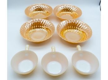 Lot Of 7 Vintage Fire King Peach Lustre Swirl Vegetable Serving Bowls And Tea Cups