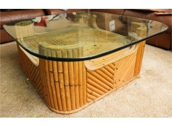 1960s Vintage Bamboo Rattan Glass Top Coffee Table Mid Century