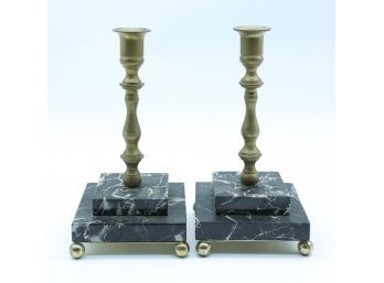 Pair Of Vintage Candle Stick Holders, Marble & Brass