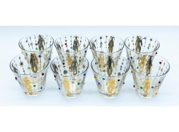 Set Of 8 Mid Century Culver Mardi Gras Harlequin 22 Karat Jeweled Glass Set