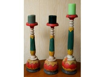 Lot Of 3 Vintage Wooden Candle Holders W/ Candles