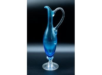 Vintage Blue Art Glass Vase/urn - Slender- Hand Blown Applied Handle Footed Base