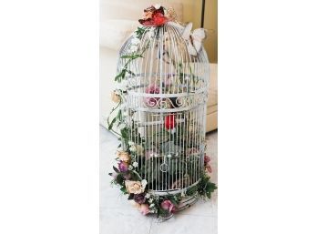 Large Vintage White Metal Bird Cage W/ Faux Plants And Flowers