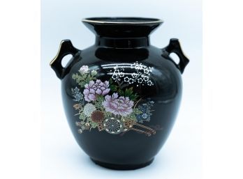 Black Ceramic Two Arm Flower Gilt Vase, Vintage