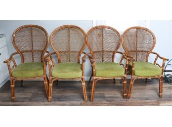 Lot Of 4 Vintage Rattan & Bamboo Peacock Chairs W/ Cushions