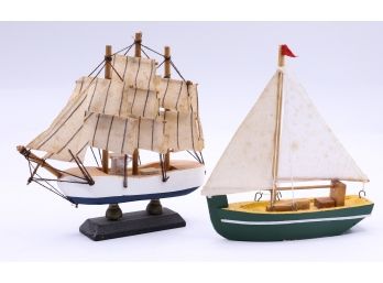 Lot Of 2 Miniature Wooden Model Sail Boats - Nautical Home Decor