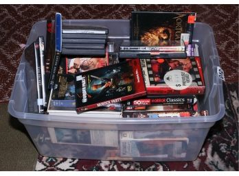 Large Lot Of Assorted VHS/dvds - Horror Movies - Bin Included - Dimensions L22' X W16' X H10'