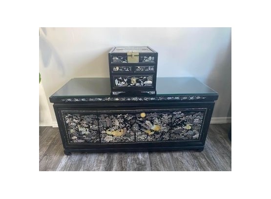 Chinese Jewelry Box With Matching Storage Cabinet - Glass Top