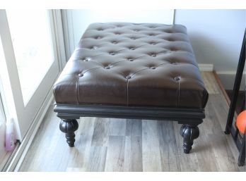 Beautiful Tufted Leather Ottoman With Wooden Frame