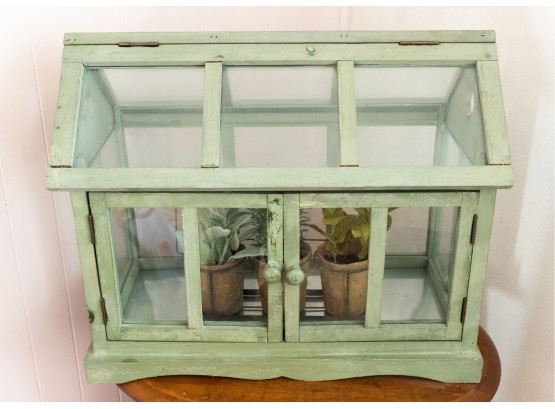Decorative Miniature Green House - Wooden - 3 Faux Plants Included