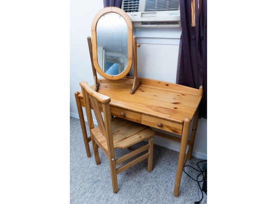 Solid Wood Vanity Table W/ Wooden Chair & Mirror