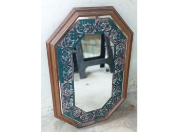 Vintage Octogon Mirror Floral Etched Glass W/ Wooden Frame