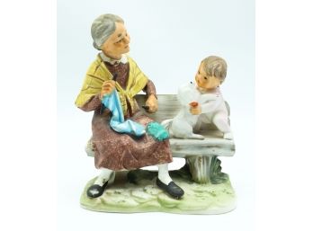 Vintage Hand Painted Japanese Figurine - Old Woman And Child W/ Dog
