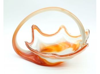Vintage Murano Orange Blown Art Glass Centerpiece Cornucopia Bowl W/ Handle