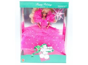 1990 Happy Holidays Barbie Doll NRFB Blonde Hair Pink Dress Mattel #4098