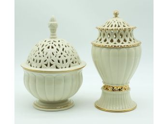 A Pair Of Lenox Ivory FLORENTINE & Pearl Illuminations Candle - 24K Gold Trim