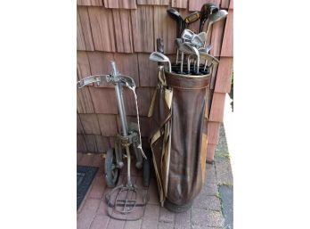 Lot Of Assorted Golf Clubs W/ Bag & Vintage Aluminium Golf Trolley By Bag Boy Golf Enthusiast