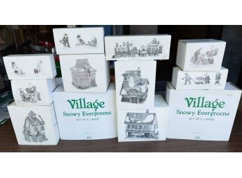 12 Boxes Of Christmas Decorations - The Original Snow Village, Heritage Village Collection, Snowy Evergreens,