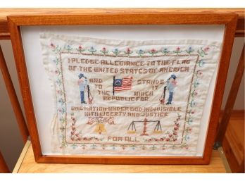 Vintage Wood Framed Cross Stitched/embroidered Folk Art - 'Pledge Of Allegiance'