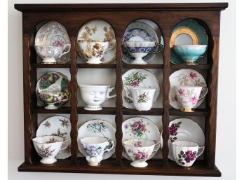 Vintage Wood Curio Shelf, Knick Knacks Shelf, W/ 12 Sets Of Tea Cups W/ Saucers
