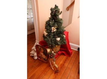 Lot Of Christmas Decorations - Xmas Tree, Christmas Tin, Gold Sled W/ Reindeer
