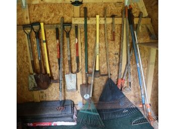 Lot Of Assorted Garden Tools - Shovels, Rakes, Tree Saw, Hoe, And More