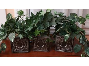 Lot Of 3 Faux Decorative Plants W/ 3 Cubed Tin Plant Holders