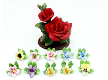 10 Vintage Floral Card Holders, Adderley Floral Bone China - Made In England & Large Ceramic Rose Sculpture