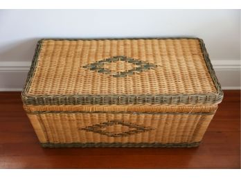 Vintage Wicker Trunk W/ Wooden Frame And Lid