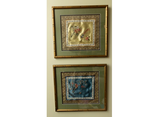 Lot Of 2 - Vintage Oriental Silk Embroidery -  Framed