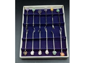 Lot Of 12 1970s Barasch Sylmar Horderves Silver Plated Forks With Semi-precious Stones Still In The Box