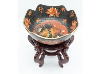 Chinese Decorative Bowl  W/ Wooden Stand - Stamped - Made In China