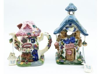 Lot Of 2 Ceramic Candle Holders - The Lights Of Cobblestone Village, Blue Bird Cottage, Florist