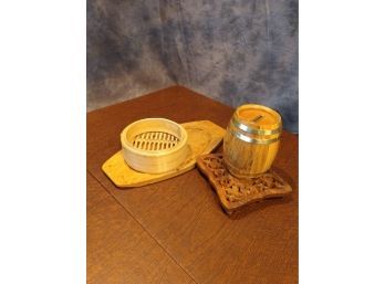 Trivet, Bamboo Steamer, Cutting Board And Coin Barrell