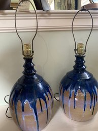 Pair Blue Glaze Heavy Ceramic Stoneware Lamps