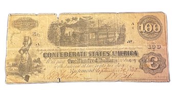 Confederate States Of America $100 Note CSA T-39 4th Series Issued In 1862