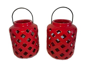 Pair Of Matching Red Ceramic Outdoor Patio Lanterns Candle Holders