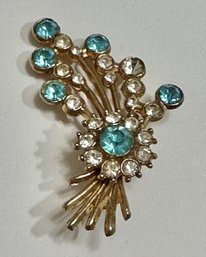 Vintage Pin -Floral Spray With Blue And White Rhinestones