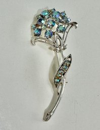 Coro Signed Silver Flower Pin With Iridescent Blue Stones