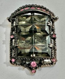 Pin/Pendant.  Large Smoky Grey Stone With Pink Accenting Rhinestones