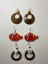 3 Pair Of Wooden Fishhook Earrings