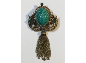 Vintage Brass  Pin With Green Marbleized Stone And Pearl Accents