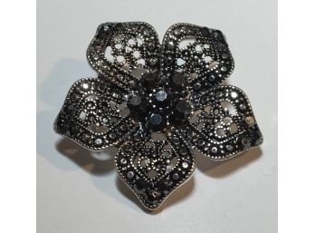 Vintage Filigree Floral Pin With Smokey Black Rhinestones