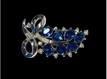 Trifari - Floral Pin With Blue And White Rhinestones