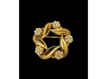 Trifari - Signed Brushed Gold Wreath Pin With Pearl And Rhinestone Florets
