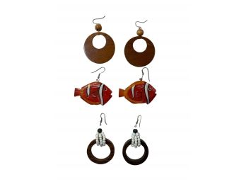 3 Pair Of Wooden Fish Hook Earrings