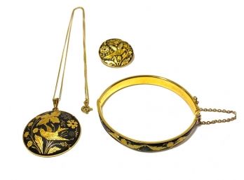 3 Piece Matching Set, Bracelet, Necklace And Pin.  Black Enamel With Gold Etched Bird And Flowers