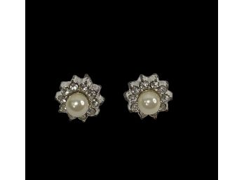 Dainty Pearl And Rhinestone Pierced Earrings