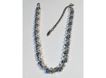 Longgraf - Signed Silver Toned Necklace With Blue Rhinestone Clusters
