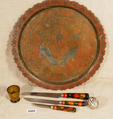 Metal Peacock Platter And Russian Painted Knives